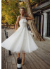 Ivory Lace Tulle Tea Length Keyhole Back Wedding Dress